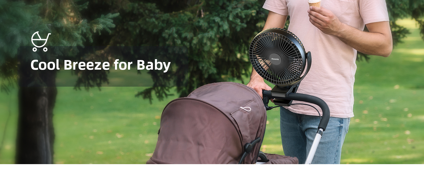 Portable clip-on fan attached to a stroller with text 'Cool Breeze for Baby' in outdoor setting.