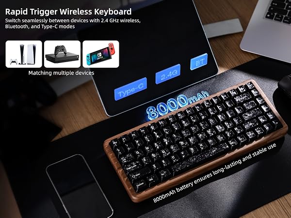 75% Hall Effec Keyboard Wood, Mechanical Keyboard Wireless Rapid Trigger Gaming Custom Keyboard
