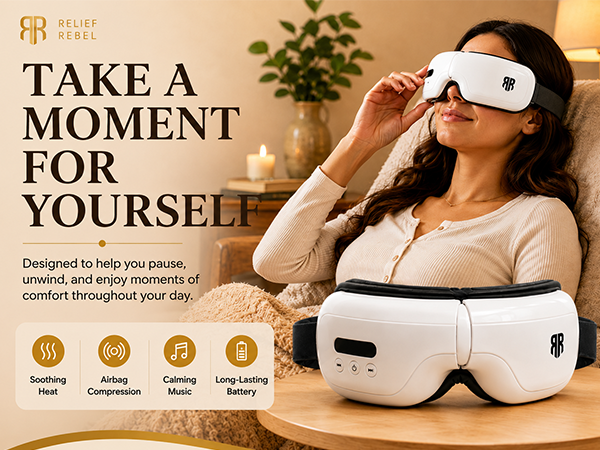 Woman relaxing at home wearing a Relief Rebel eye massager beside the white eye massager product.