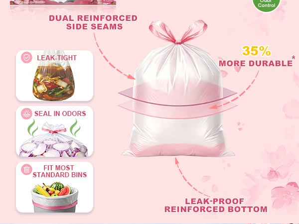 35% more durable*;Dual reinforced side seams; Leak-Proof Reinforced Bottom