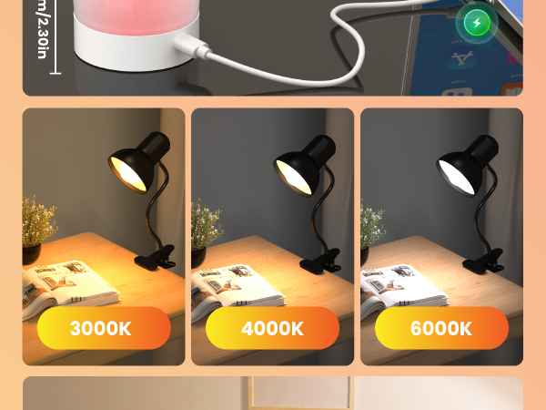 Rechargeable Reading Light Clip on Bed Cordless Desk Lamp Flexible Clip Light Kids Bedroom Camping