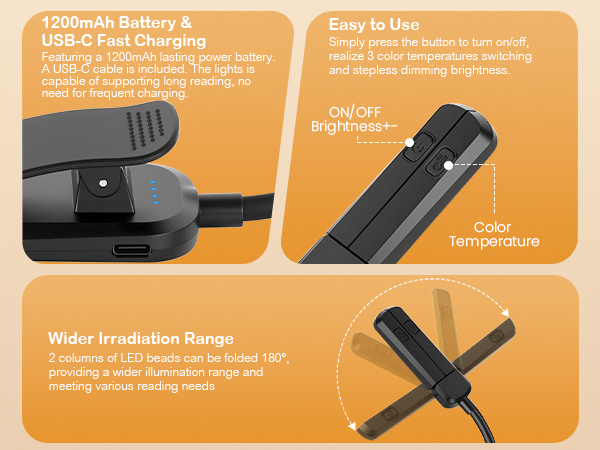 Multi functional adjustment of color temperature and brightness; 360° flexibly bendable book light