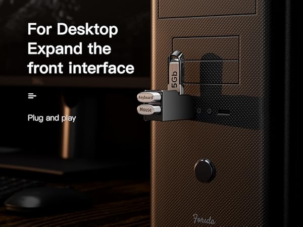Text reads 'For Desktop Expand the front interface' and 'Plug and play'. Dark image showing desktop mounting interface or bracket.