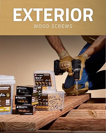 Image of person drilling into wood next to screws with text reading exterior wood screws.