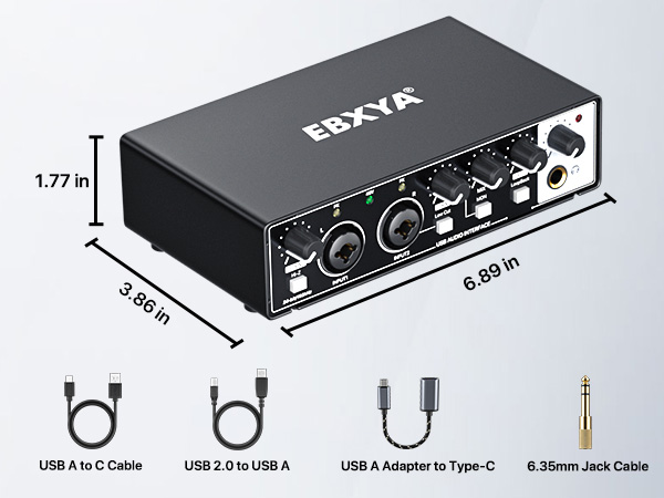 Audio Interface 2 In and Out Compatible with Recording Softwares PC for TYPE C and USB Adapter