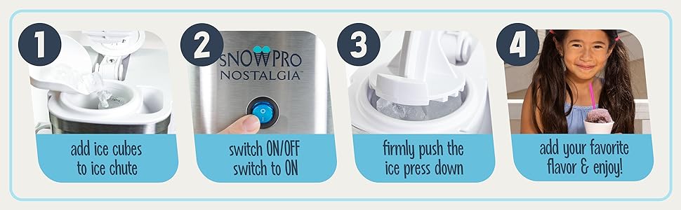 add ice cubes to ice chute, switch on/off switch to on, firmly push the ice press down