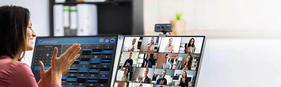 woman talking to coworkers via online conference call using live cam sync v3