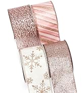 Ribbli Rose Gold Wired Ribbon for Christmas Tree,Glitter Mesh Snowflake Stripe Christmas Ribbon f...