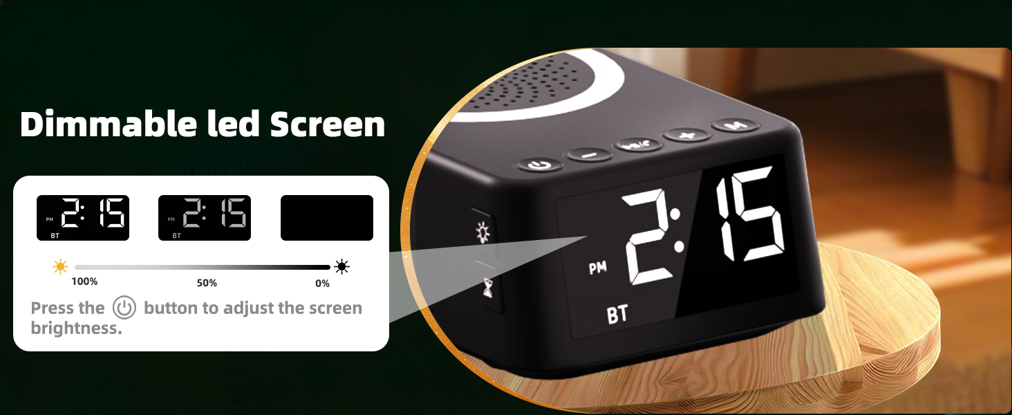 Text reads 'Dimmable led Screen'. Digital alarm clock with LED display showing time against dark background, featuring minimalist design with screen brightness control.