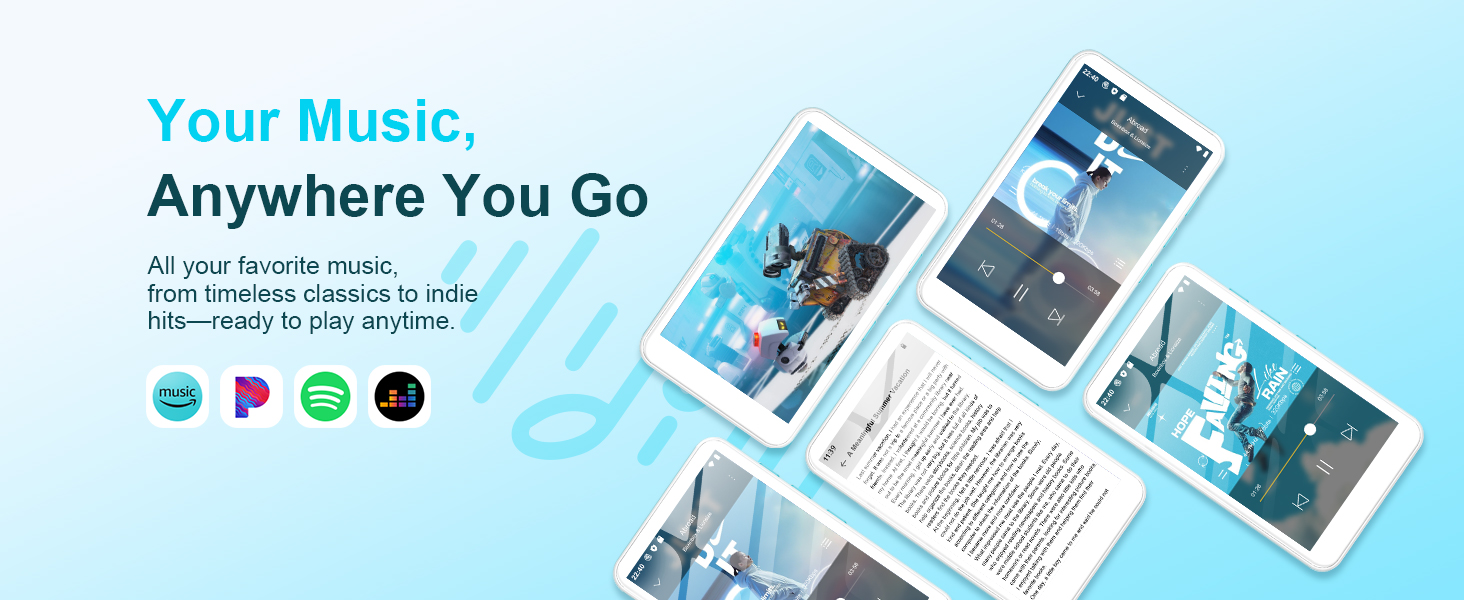 Text reads 'Your Music, Anywhere You Go'. Mobile app interface mockup showing music player screens in blue and white color scheme with social media icons.