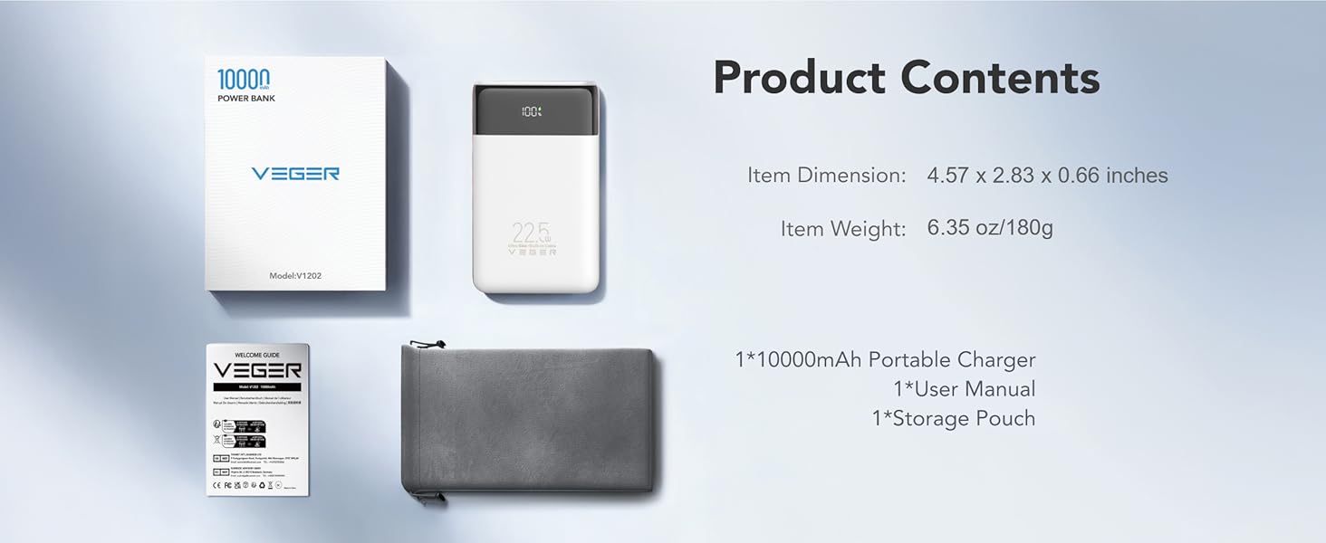 Item Dimension: 11.6*7.2*1.68cm Capacity: 10000mAh Item Weight: 180g 1*Storage Pouch 1*User Manual