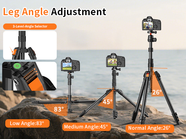 Text reads 'Leg Angle Adjustment'. Technical diagram showing multiple positions and angles of a camera or device mount with numbered steps.