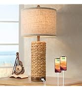 Rattan Table Lamp for Living Room with 2 USB Ports, 27In Tall Bedroom Table Lamp with Hand-made S...