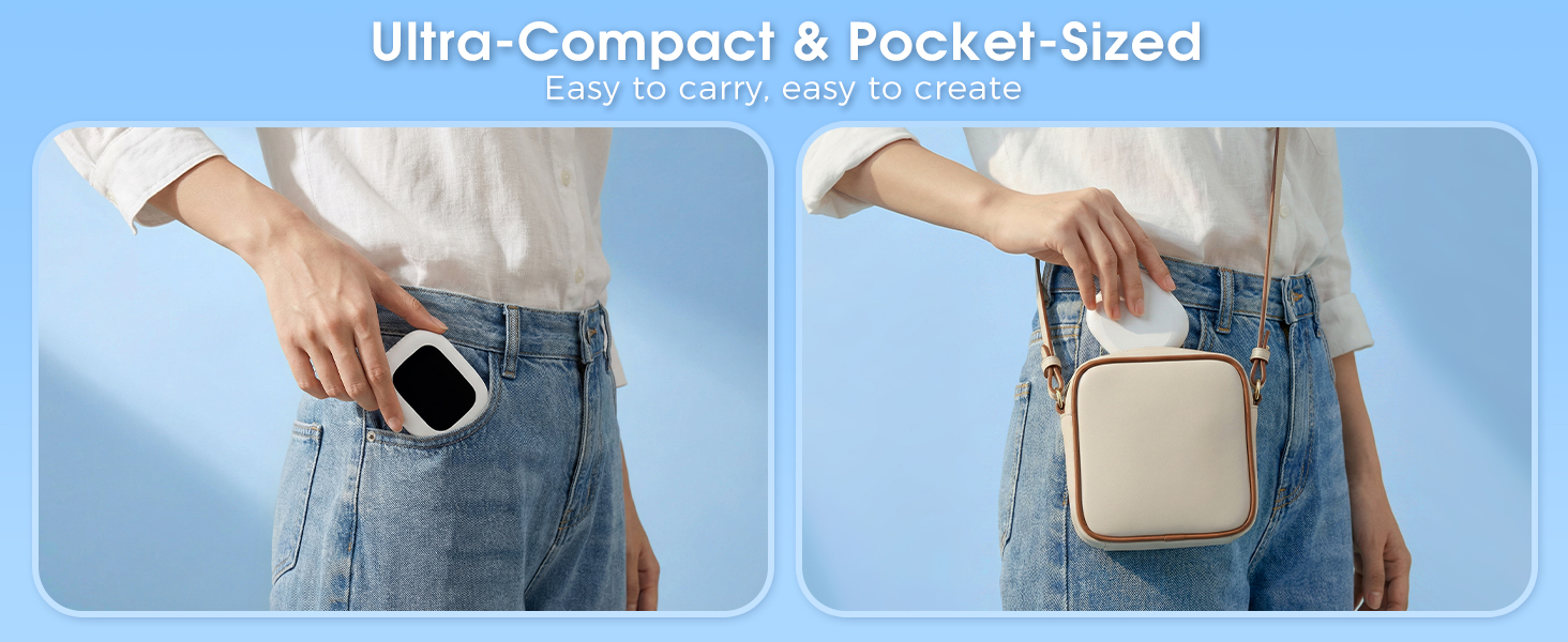 Text reads 'Ultra-Compact &amp; Pocket-Sized'. Series of images showing a small portable object being placed in different pockets and bags, demonstrating its compact size and portability.