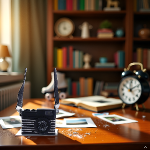 A vintage-style desk with a retro camera, photography books, and a vase of flowers, creating a cozy 