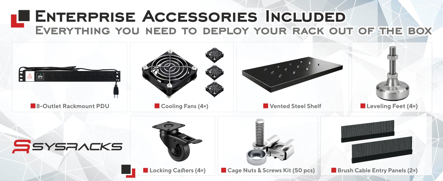 Server rack accessories displayed on white background including rackmount PDU cooling fans