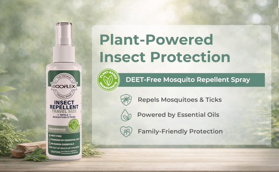 Plant-based insect repellent spray bottle with key features and natural protection benefits