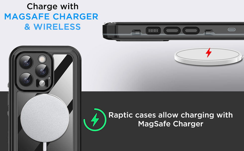 Phone case diagram demonstrating MagSafe charging compatibility, showing wireless charging pad and case with circular magnetic attachment area.