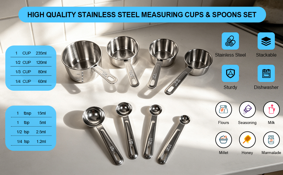 Standard Engraved Metric &amp;amp; US Measurement Marks for Every Stainless Measuring Cups And Spoons