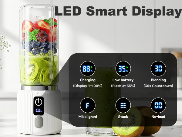 Text reads "LED Smart Display". Portable blender with fruits inside and LED control panel showing display modes (Display S-mode, Fresh at 30%), Fresh mode (30%), D50 Codebeater), and function buttons including power, blend, timer, and settings on black digital interface.