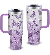 xiiai Butterfly Gifts for Women 30oz Purple Butterfly Tumbler with Handle and Straws Stainless St...