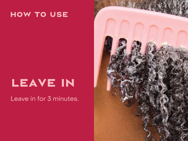 Image of a woman's hand combing wet curly hair, next to leave on hair instructions.
