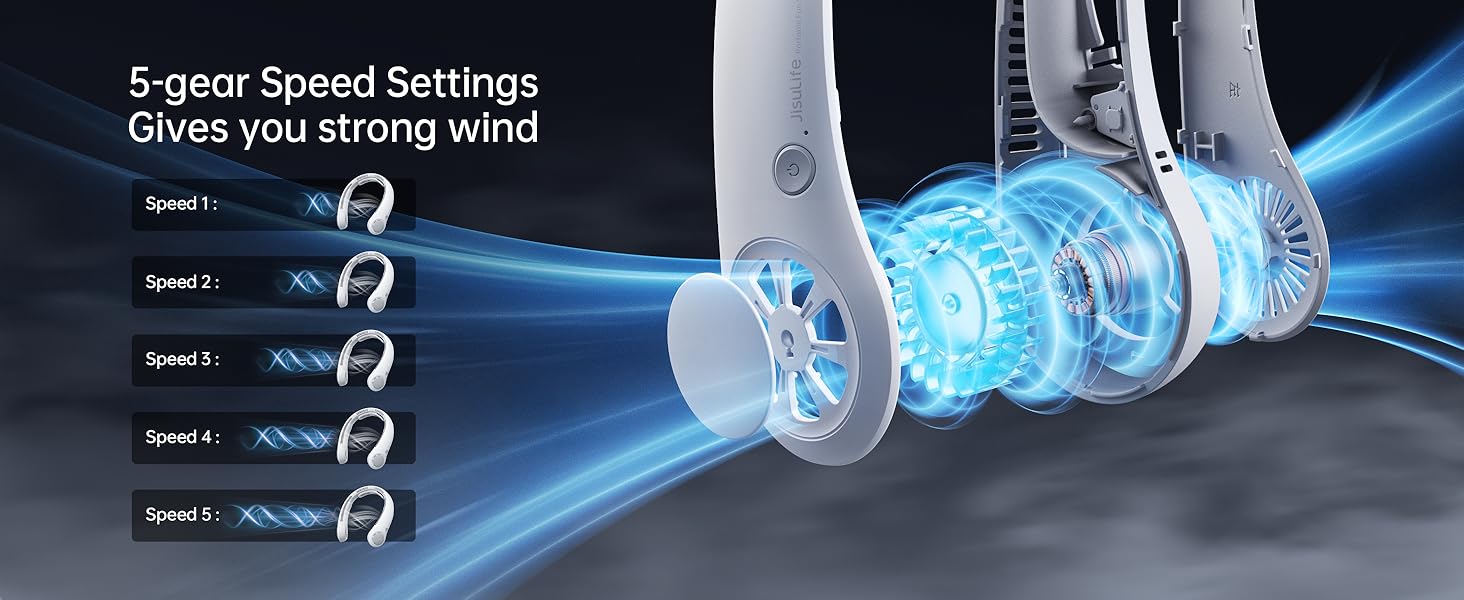 Text reads '5-gear Speed Settings', 'Gives you strong wind'. Technical illustration showing air flow mechanism with blue lighting effects and multiple speed settings.