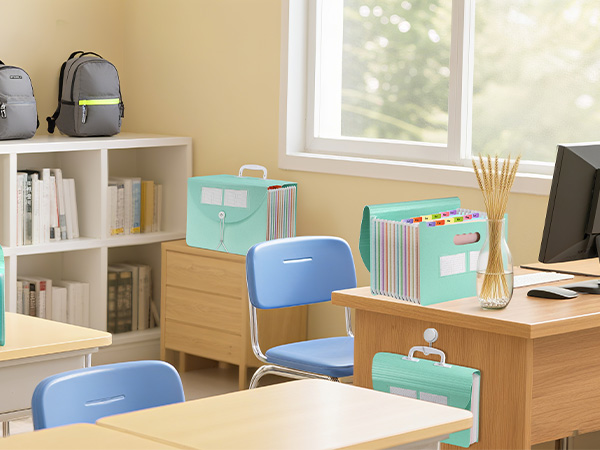 Modern classroom or study space with wooden desk, blue chairs, mint green storage boxes, and organized bookshelves. Natural light from window illuminates the organized workspace.