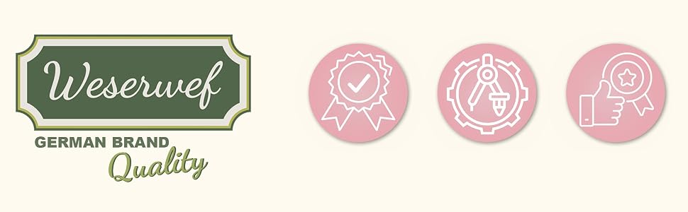 Green logo for Weserwef German Brand Quality alongside three pink circular icons representing product certifications or features.