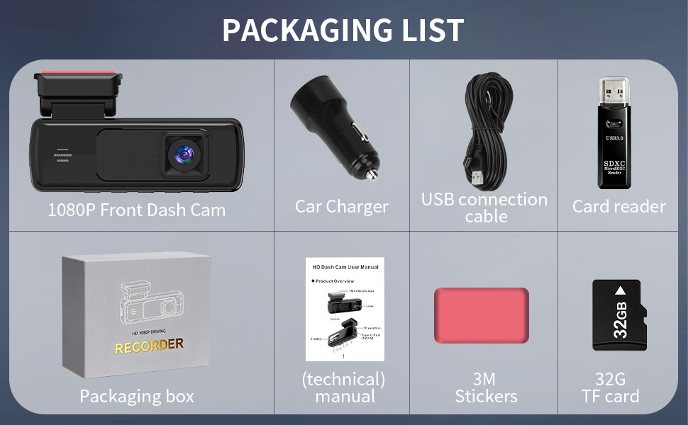 GITESI Dash Cam Packaging List, Includes Camera, Charger, 32GB TF Card &amp;amp; Accessories