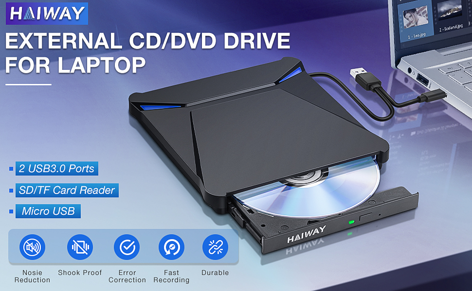 External CD DVD Drive for Laptop with 2 USB 3.0 Ports and 2 TF SD Card Slots