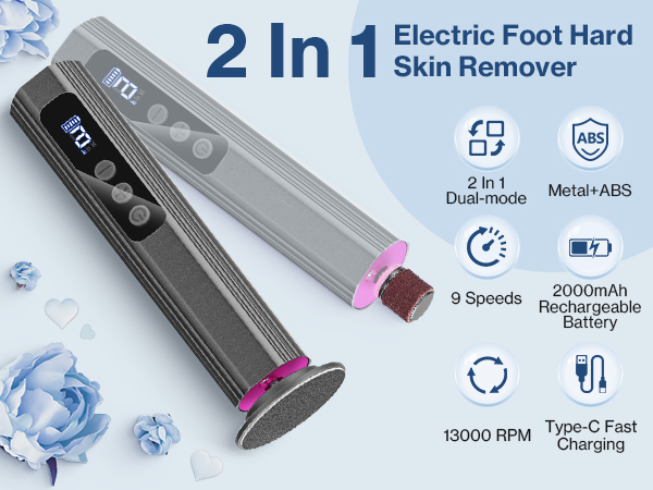 Text reads '2 In 1 Electric Foot Hard Skin Remover'. Technical specifications shown: '3 Speeds', '2000mAh', '13000 RPM', 'Type-C Fast Charging'. Device shown with pink accent.