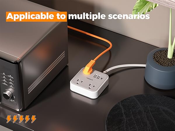 Ultra Thin Flat Extension Cord Power Strip with USB Ports