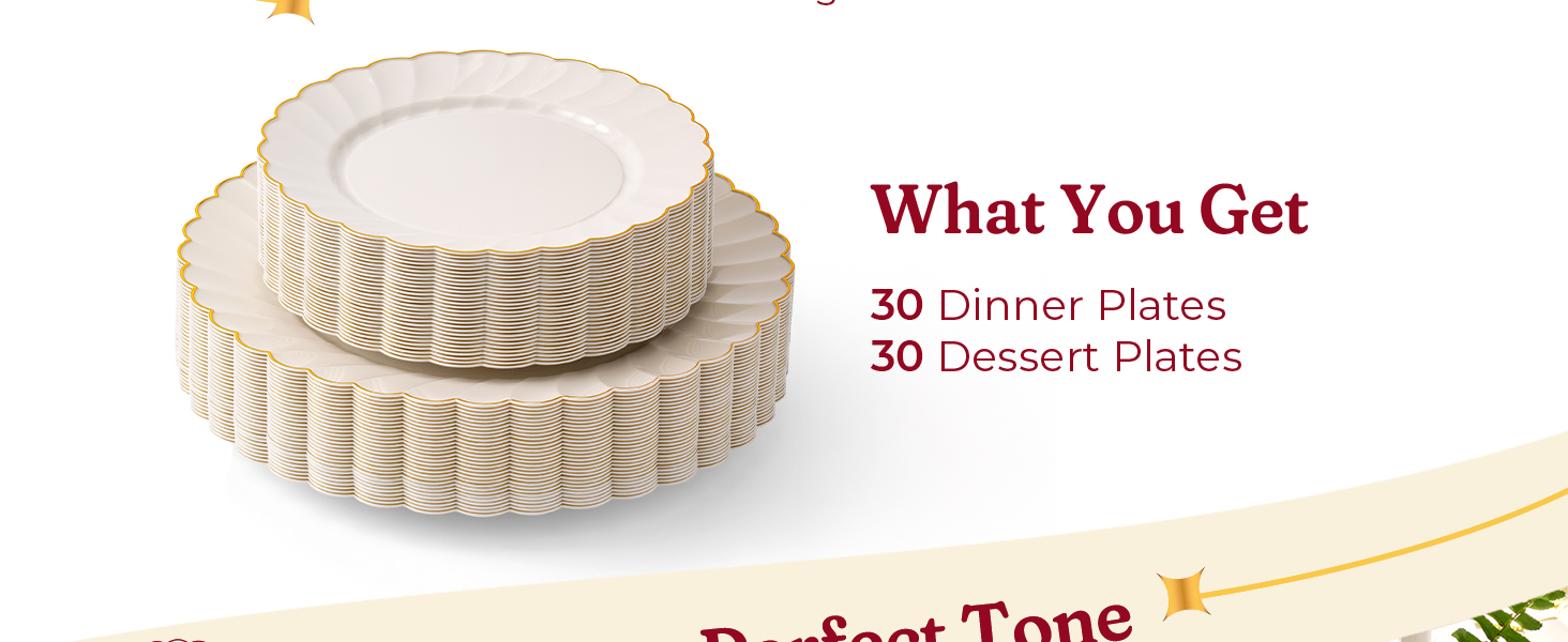 Ivory Scalloped Plastic Plates with Gold Trim set includes 30 dinner plates and 30 dessert plates