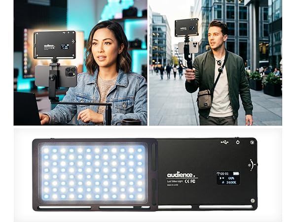 Portable LED panel light on phone tripod rig for content creators indoor outdoor vlogging