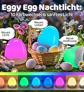 Text reads 'Eggy Egg Nachtlicht'. Product showcase of egg-shaped night lights in multiple colors including pink, red, orange, blue, green and white, displayed in decorative settings with flowers.