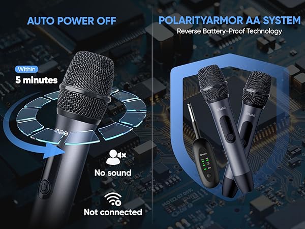 Handheld Wireless Karaoke Two Microphone System Using AA Alkaline Battery, with Circuit Protection