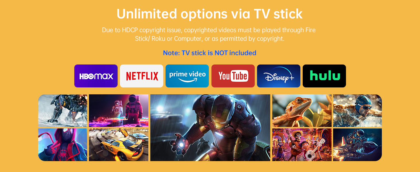 Text reads 'Unlimited options via TV stick'. Banner shows streaming service logos including Netflix, Hulu, Disney+, and others with content thumbnails displayed across a horizontal layout.