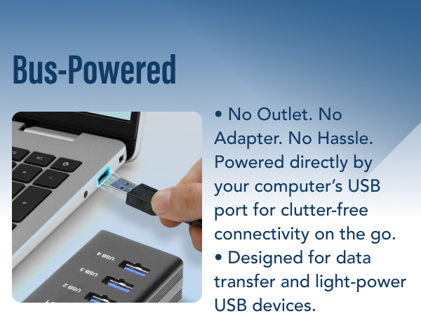 bus powered 4 port USB hub plugged into laptop, USB 3.0 data hub with easy connectivity