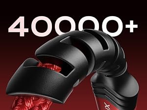 Black ergonomic handheld massage device with red light emitting from beneath curved panels. Text '40000+' visible, likely referring to device specifications or features.