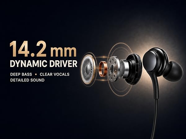Black wired earbud with exploded 14.2 mm driver highlighting deep bass, clear vocals detailed sound