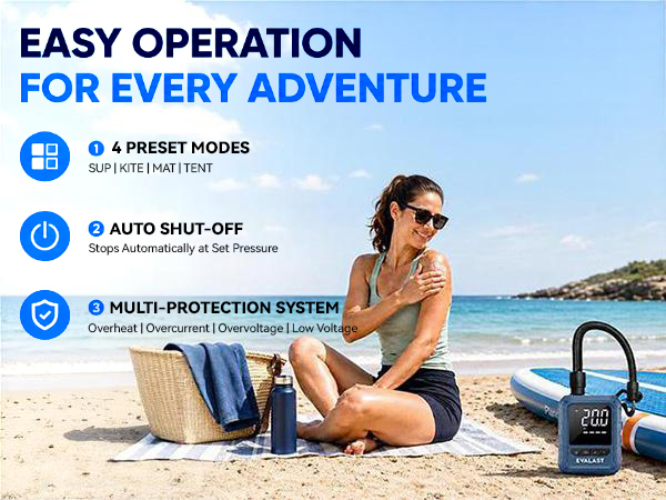 Woman relaxing on a beach beside an EVALAST electric SUP pump and inflatable paddle board.