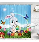 JAWO Easter Shower Curtain, Eggs with Bunny Rabbit Butterfly for Spring Festival Easter Bathroom ...