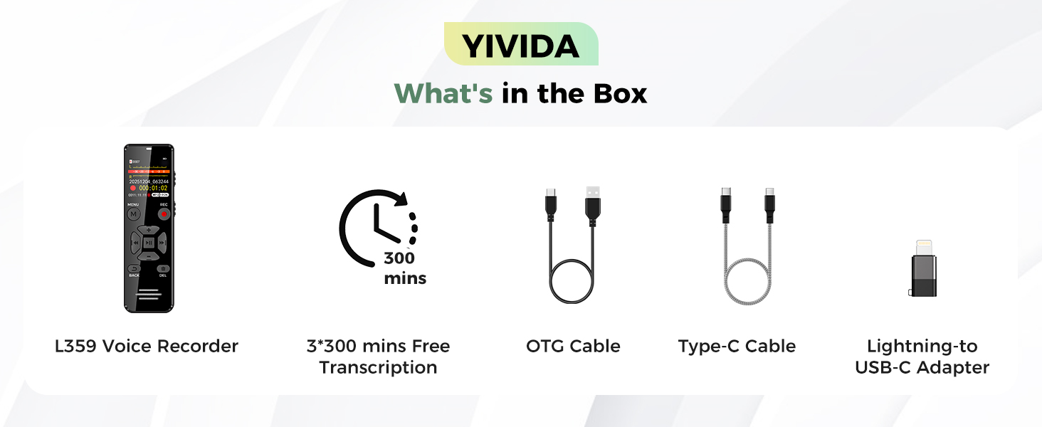 Package has 1*voice recorder, 3*300 mins free transcription, OTG cable, Type-C cable, 1*L-C adapter