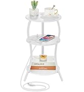 Small Round Side Table with Charging Station, 3-Tier Waist Circular End Table with Storage Shelf,...