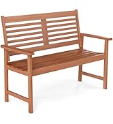 Tangkula Wood Outdoor Bench, 2-Person Patio Bench with Ergonomic Backrest &amp; Armrests, Slatted Sea...