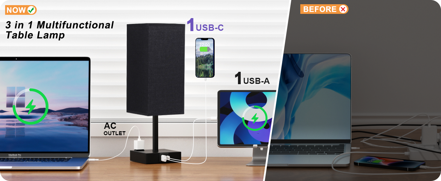 Black Lamp with USB C+A and Outlets Charging