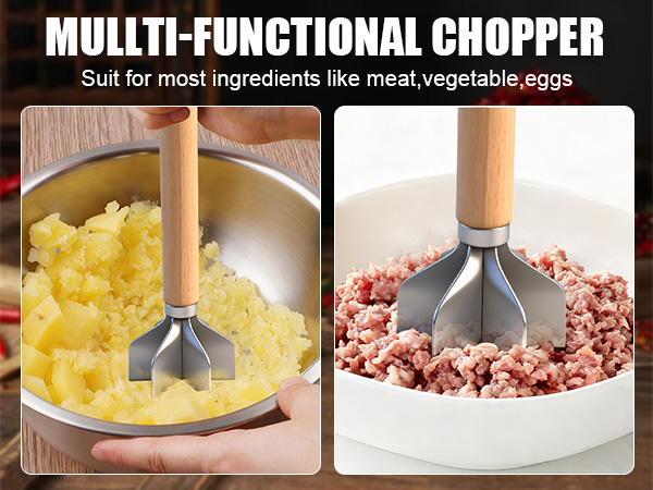 304 Stainless Steel Meat Chopper FoodGrade 6-BladeGround BeefChopper Potato Masher Hamburger Smasher