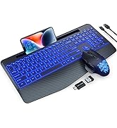 Wireless Keyboard and Mouse Backlits, Wrist Rest, Jiggler Mouse, Rechargeable Ergonomic Keyboard ...