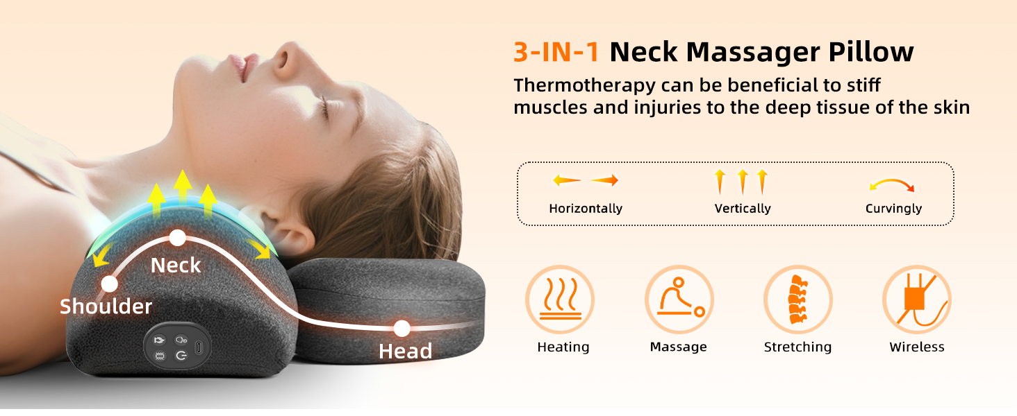 Cordless Heated Neck Massager Pillow for Pain Relief, Neck Stretcher Cervical Traction